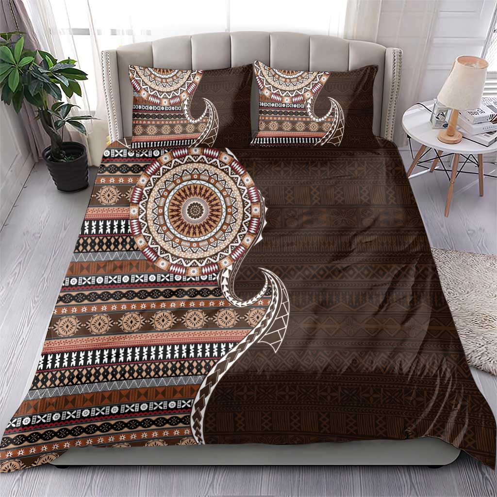 Fijian Masi Tribal Tattoos Art Pattern Bedding Set Brown Color Half Style - Polynesian Pride