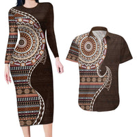 Fijian Masi Tribal Tattoos Art Pattern Couples Matching Long Sleeve Bodycon Dress and Hawaiian Shirt Brown Color Half Style - Polynesian Pride