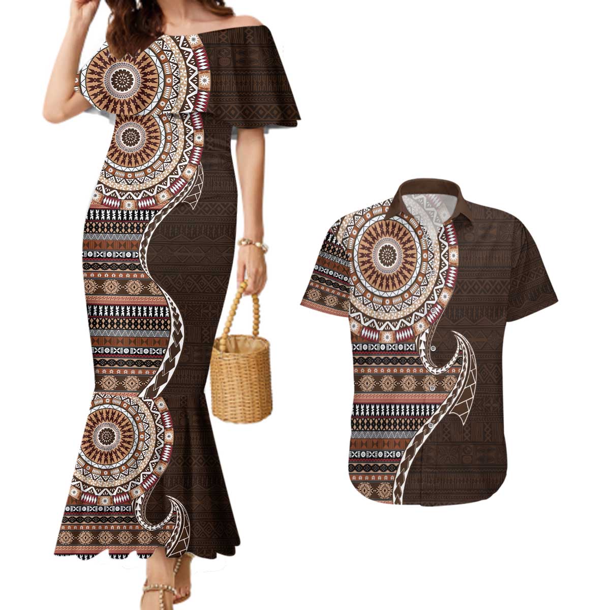 Fijian Masi Tribal Tattoos Art Pattern Couples Matching Mermaid Dress and Hawaiian Shirt Brown Color Half Style - Polynesian Pride
