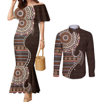 Fijian Masi Tribal Tattoos Art Pattern Couples Matching Mermaid Dress and Long Sleeve Button Shirt Brown Color Half Style - Polynesian Pride