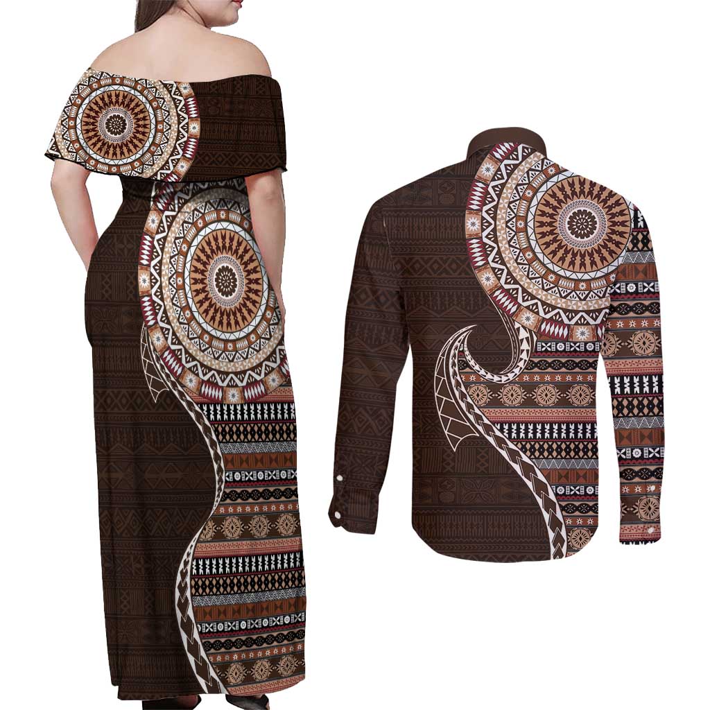 Fijian Masi Tribal Tattoos Art Pattern Couples Matching Off Shoulder Maxi Dress and Long Sleeve Button Shirt Brown Color Half Style - Polynesian Pride