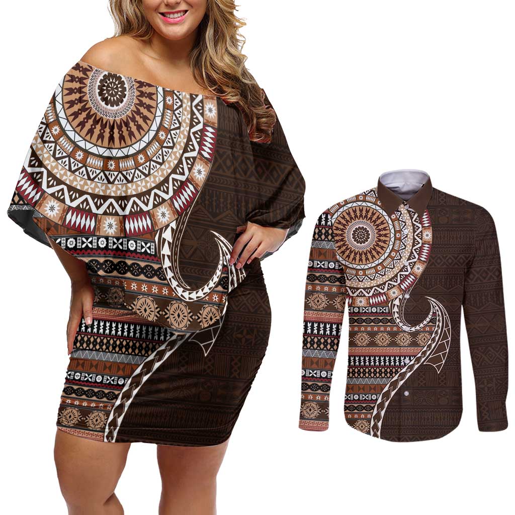 Fijian Masi Tribal Tattoos Art Pattern Couples Matching Off Shoulder Short Dress and Long Sleeve Button Shirt Brown Color Half Style - Polynesian Pride
