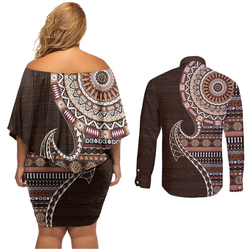 Fijian Masi Tribal Tattoos Art Pattern Couples Matching Off Shoulder Short Dress and Long Sleeve Button Shirt Brown Color Half Style - Polynesian Pride