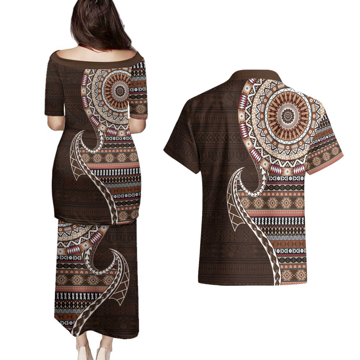 Fijian Masi Tribal Tattoos Art Pattern Couples Matching Puletasi and Hawaiian Shirt Brown Color Half Style - Polynesian Pride