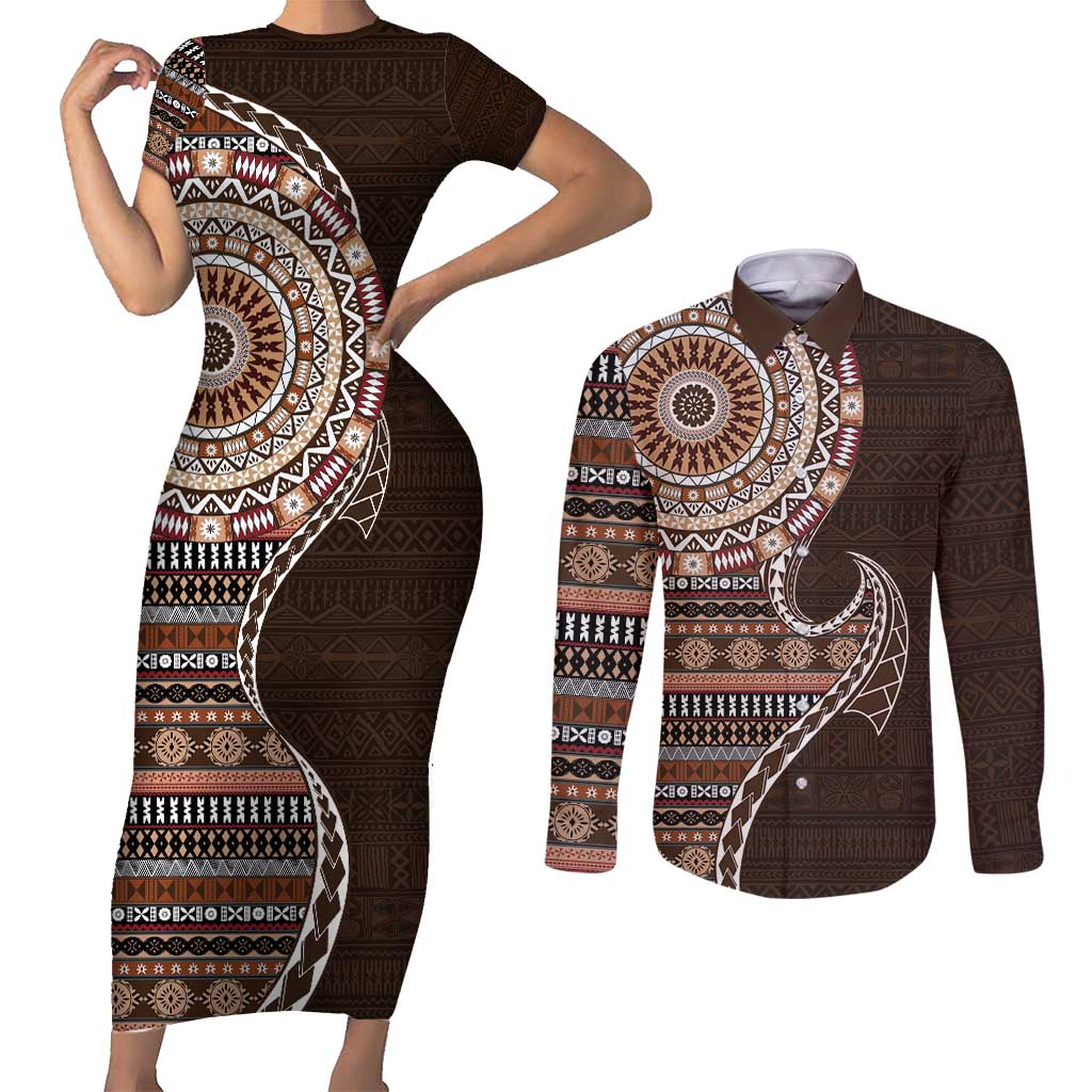 Fijian Masi Tribal Tattoos Art Pattern Couples Matching Short Sleeve Bodycon Dress and Long Sleeve Button Shirt Brown Color Half Style - Polynesian Pride