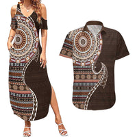 Fijian Masi Tribal Tattoos Art Pattern Couples Matching Summer Maxi Dress and Hawaiian Shirt Brown Color Half Style - Polynesian Pride