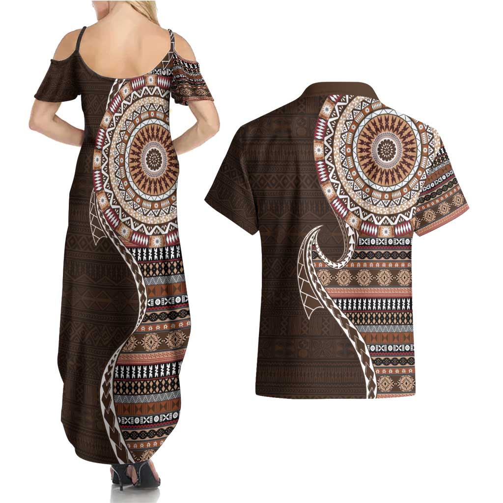 Fijian Masi Tribal Tattoos Art Pattern Couples Matching Summer Maxi Dress and Hawaiian Shirt Brown Color Half Style - Polynesian Pride