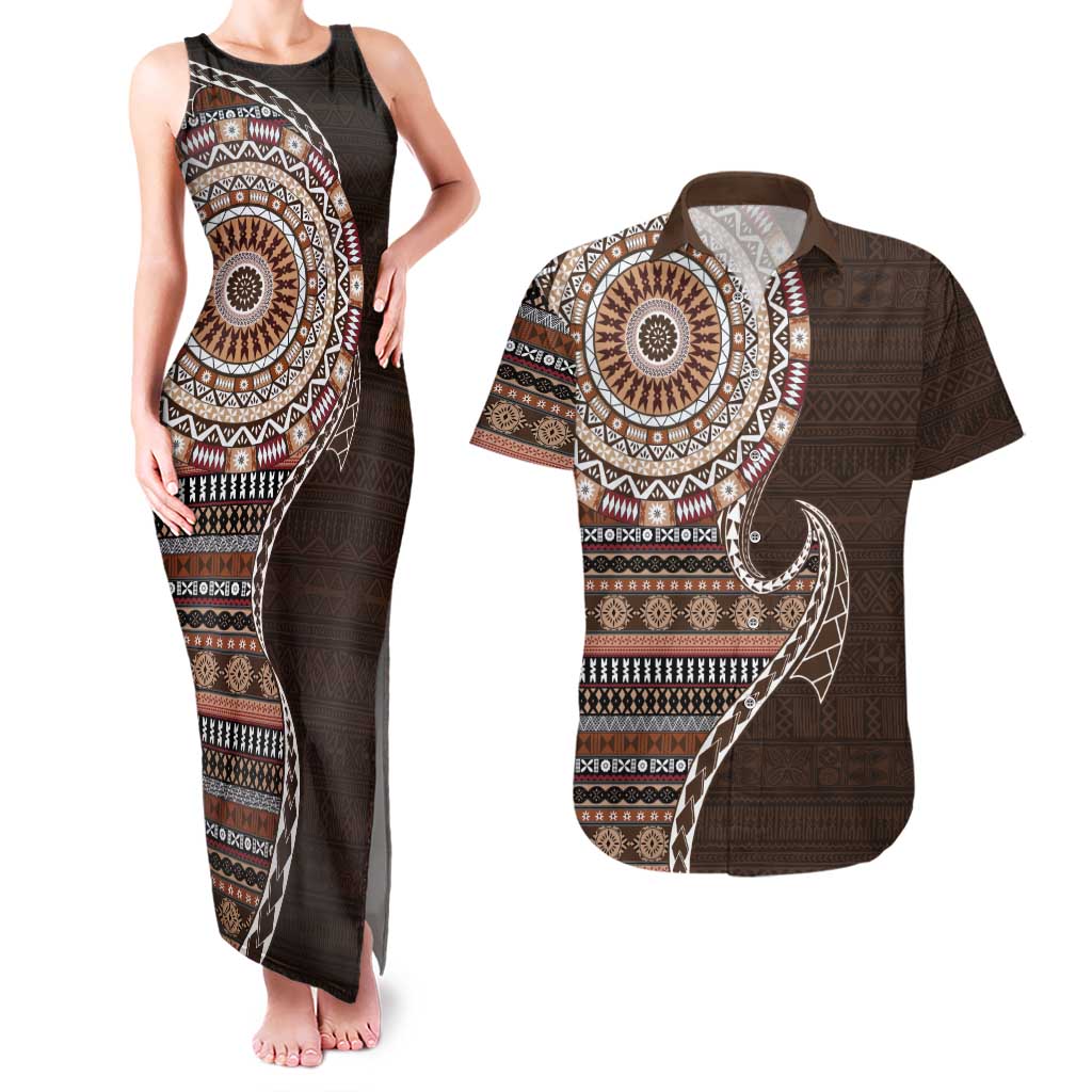 Fijian Masi Tribal Tattoos Art Pattern Couples Matching Tank Maxi Dress and Hawaiian Shirt Brown Color Half Style - Polynesian Pride