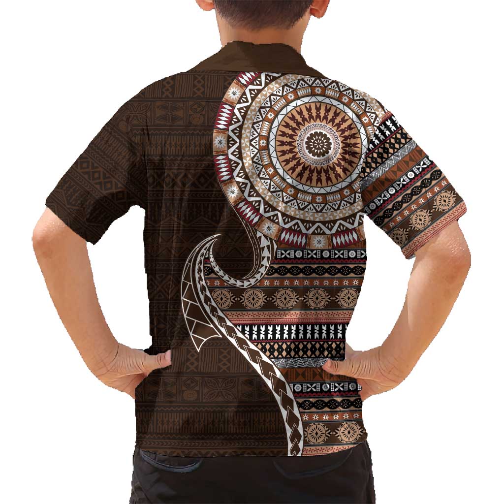 Fijian Masi Tribal Tattoos Art Pattern Family Matching Long Sleeve Bodycon Dress and Hawaiian Shirt Brown Color Half Style - Polynesian Pride