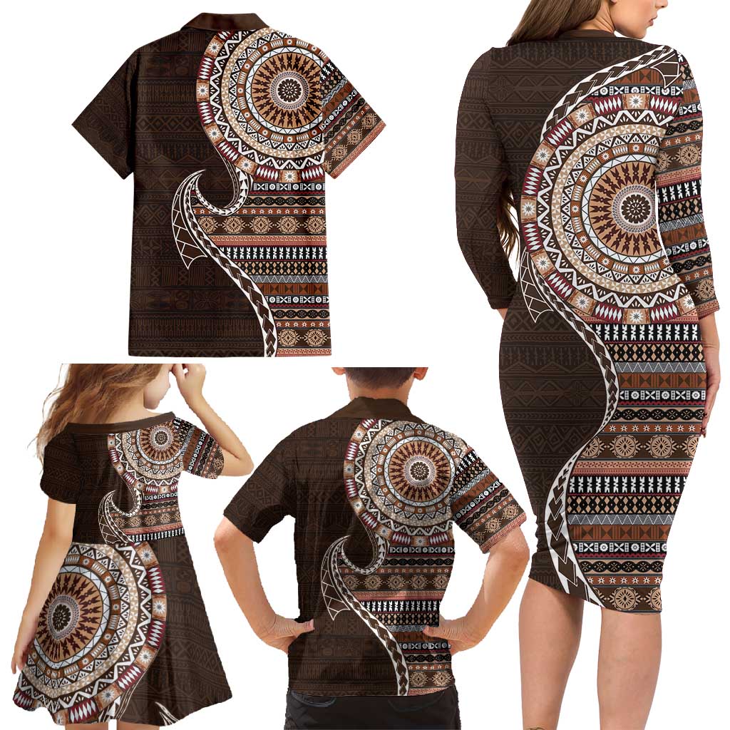 Fijian Masi Tribal Tattoos Art Pattern Family Matching Long Sleeve Bodycon Dress and Hawaiian Shirt Brown Color Half Style - Polynesian Pride
