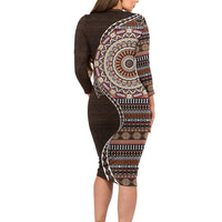 Fijian Masi Tribal Tattoos Art Pattern Family Matching Long Sleeve Bodycon Dress and Hawaiian Shirt Brown Color Half Style - Polynesian Pride