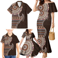 Fijian Masi Tribal Tattoos Art Pattern Family Matching Mermaid Dress and Hawaiian Shirt Brown Color Half Style - Polynesian Pride