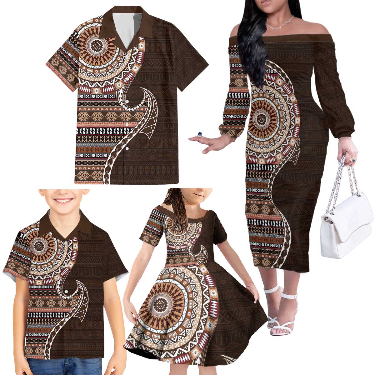 Fijian Masi Tribal Tattoos Art Pattern Family Matching Off The Shoulder Long Sleeve Dress and Hawaiian Shirt Brown Color Half Style - Polynesian Pride