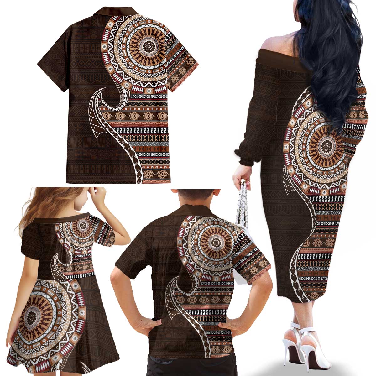 Fijian Masi Tribal Tattoos Art Pattern Family Matching Off The Shoulder Long Sleeve Dress and Hawaiian Shirt Brown Color Half Style - Polynesian Pride