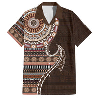 Fijian Masi Tribal Tattoos Art Pattern Family Matching Off The Shoulder Long Sleeve Dress and Hawaiian Shirt Brown Color Half Style - Polynesian Pride