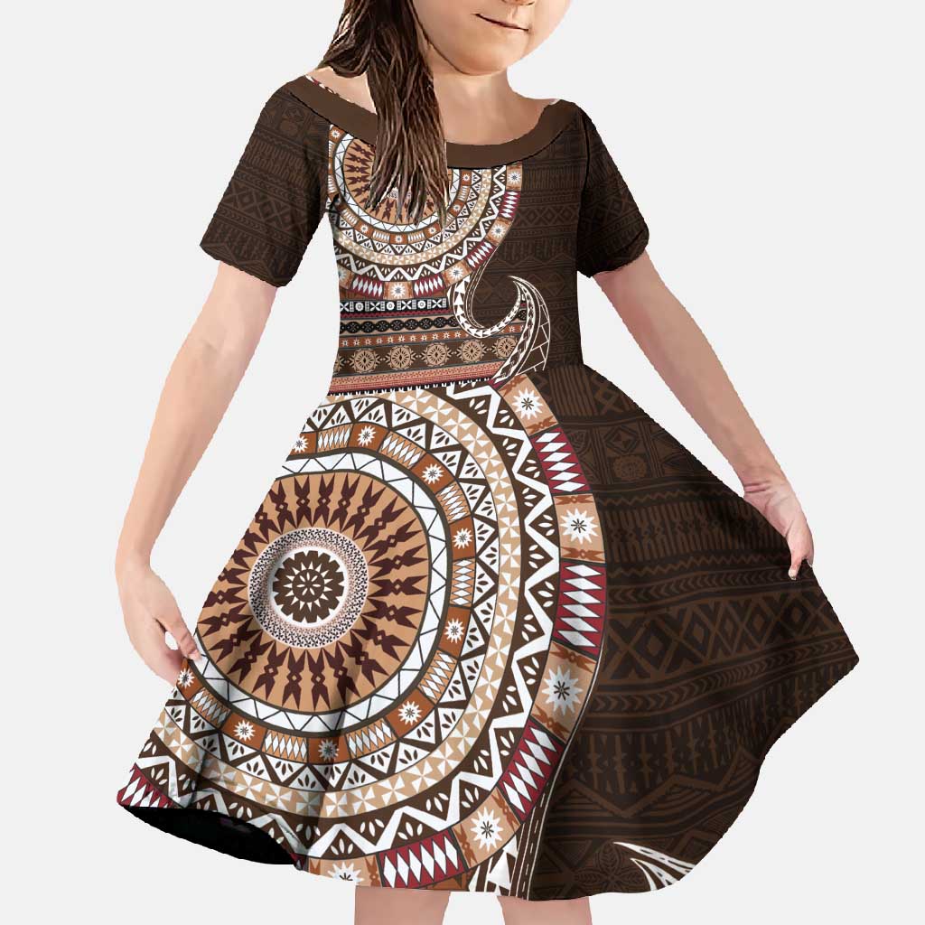 Fijian Masi Tribal Tattoos Art Pattern Family Matching Off Shoulder Maxi Dress and Hawaiian Shirt Brown Color Half Style - Polynesian Pride