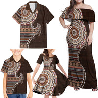 Fijian Masi Tribal Tattoos Art Pattern Family Matching Off Shoulder Maxi Dress and Hawaiian Shirt Brown Color Half Style - Polynesian Pride