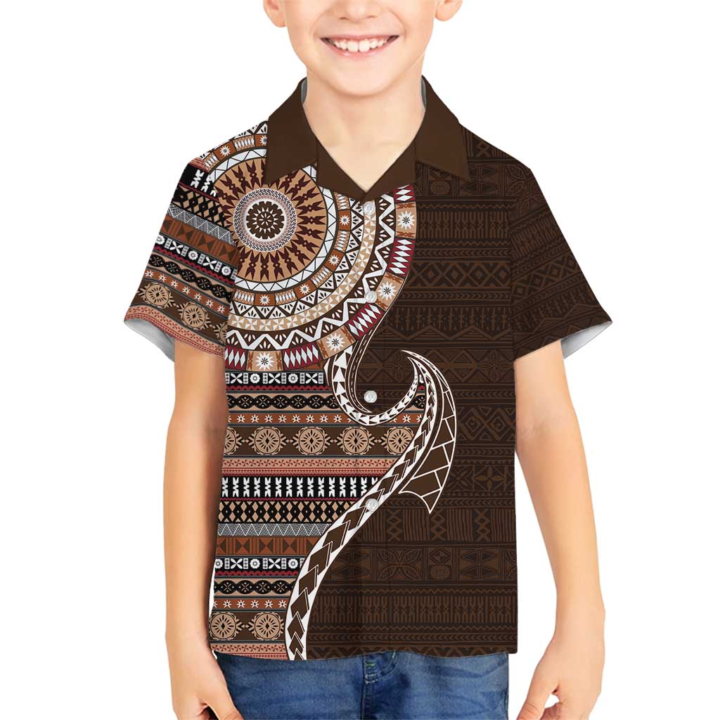 Fijian Masi Tribal Tattoos Art Pattern Family Matching Off Shoulder Maxi Dress and Hawaiian Shirt Brown Color Half Style - Polynesian Pride