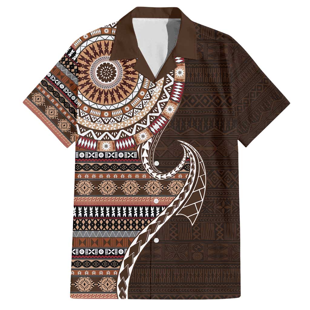 Fijian Masi Tribal Tattoos Art Pattern Family Matching Off Shoulder Short Dress and Hawaiian Shirt Brown Color Half Style - Polynesian Pride