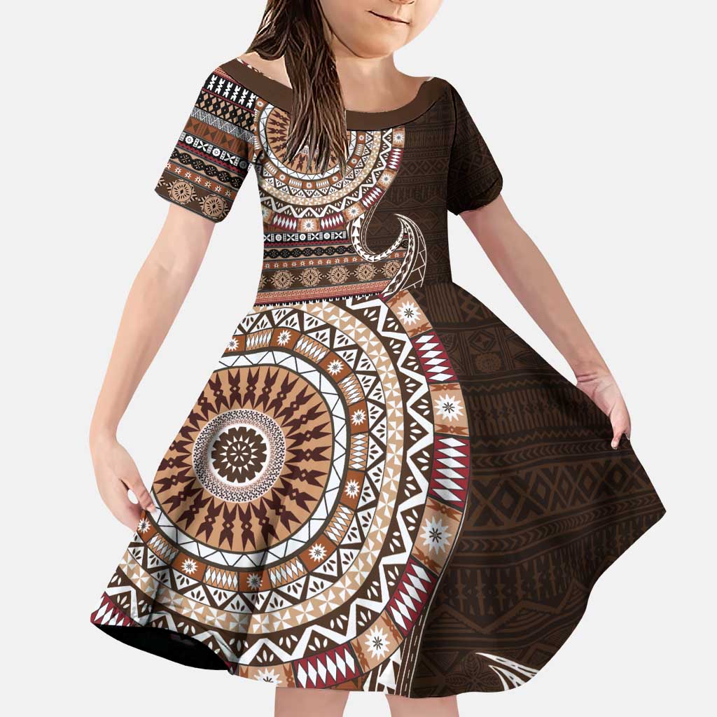 Fijian Masi Tribal Tattoos Art Pattern Family Matching Puletasi and Hawaiian Shirt Brown Color Half Style LT03 Daughter's Dress Brown - Polynesian Pride