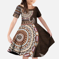 Fijian Masi Tribal Tattoos Art Pattern Family Matching Puletasi and Hawaiian Shirt Brown Color Half Style LT03 Daughter's Dress Brown - Polynesian Pride