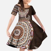 Fijian Masi Tribal Tattoos Art Pattern Family Matching Short Sleeve Bodycon Dress and Hawaiian Shirt Brown Color Half Style - Polynesian Pride