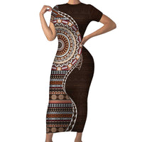 Fijian Masi Tribal Tattoos Art Pattern Family Matching Short Sleeve Bodycon Dress and Hawaiian Shirt Brown Color Half Style - Polynesian Pride