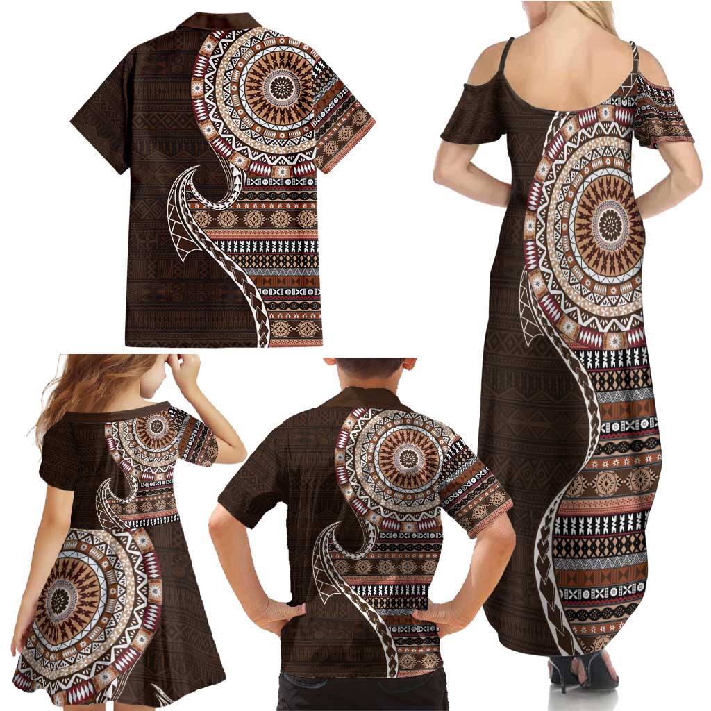 Fijian Masi Tribal Tattoos Art Pattern Family Matching Summer Maxi Dress and Hawaiian Shirt Brown Color Half Style - Polynesian Pride