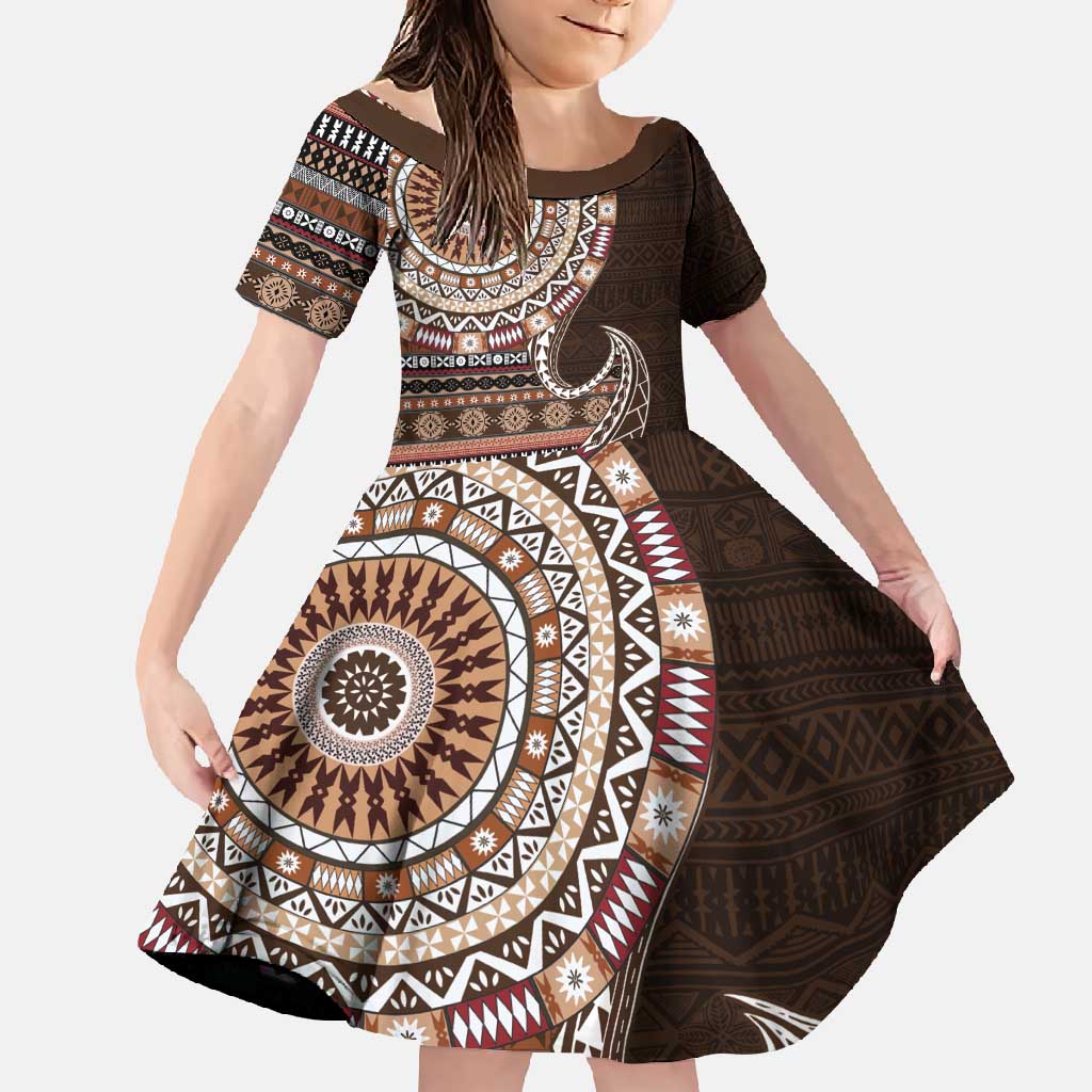 Fijian Masi Tribal Tattoos Art Pattern Family Matching Tank Maxi Dress and Hawaiian Shirt Brown Color Half Style - Polynesian Pride