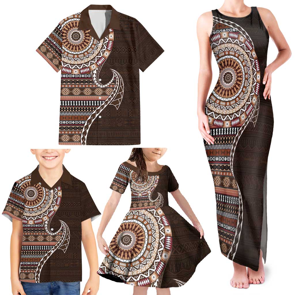 Fijian Masi Tribal Tattoos Art Pattern Family Matching Tank Maxi Dress and Hawaiian Shirt Brown Color Half Style - Polynesian Pride