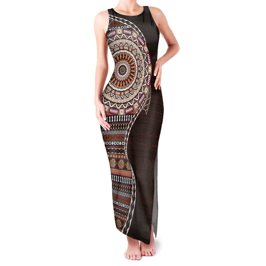 Fijian Masi Tribal Tattoos Art Pattern Family Matching Tank Maxi Dress and Hawaiian Shirt Brown Color Half Style - Polynesian Pride