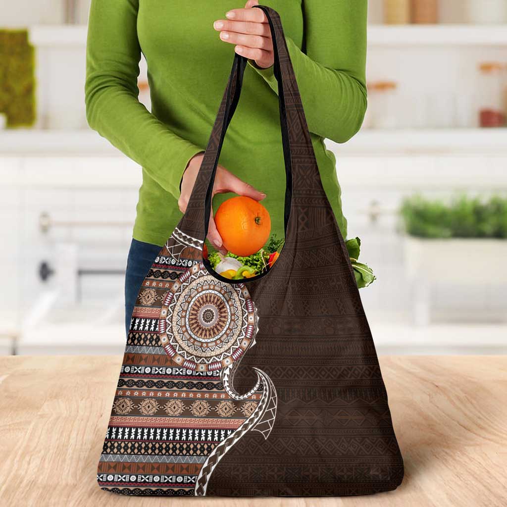 Fijian Masi Tribal Tattoos Art Pattern Grocery Bag Brown Color Half Style - Polynesian Pride