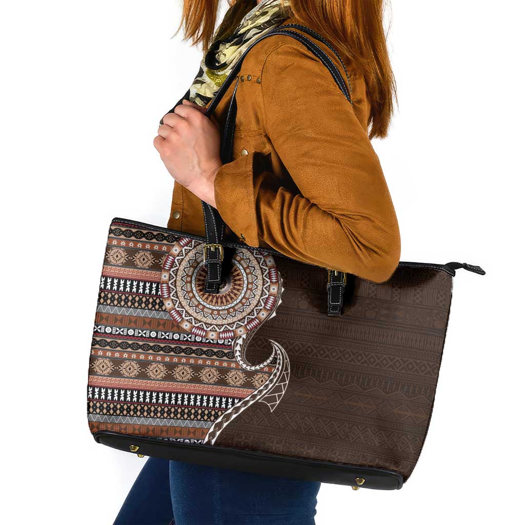 Fijian Masi Tribal Tattoos Art Pattern Leather Tote Bag Brown Color Half Style - Polynesian Pride