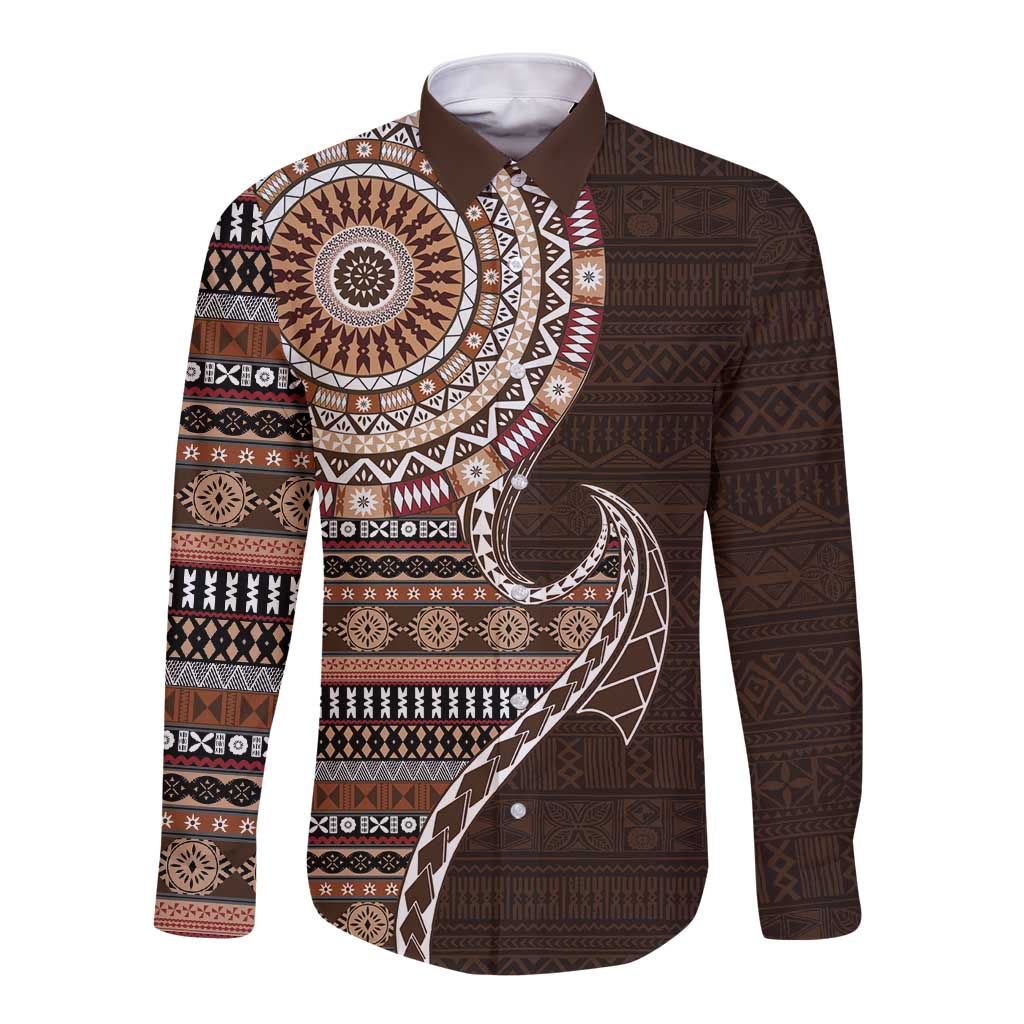 Fijian Masi Tribal Tattoos Art Pattern Long Sleeve Button Shirt Brown Color Half Style - Polynesian Pride