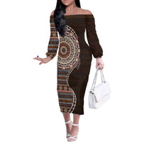 Fijian Masi Tribal Tattoos Art Pattern Off The Shoulder Long Sleeve Dress Brown Color Half Style - Polynesian Pride