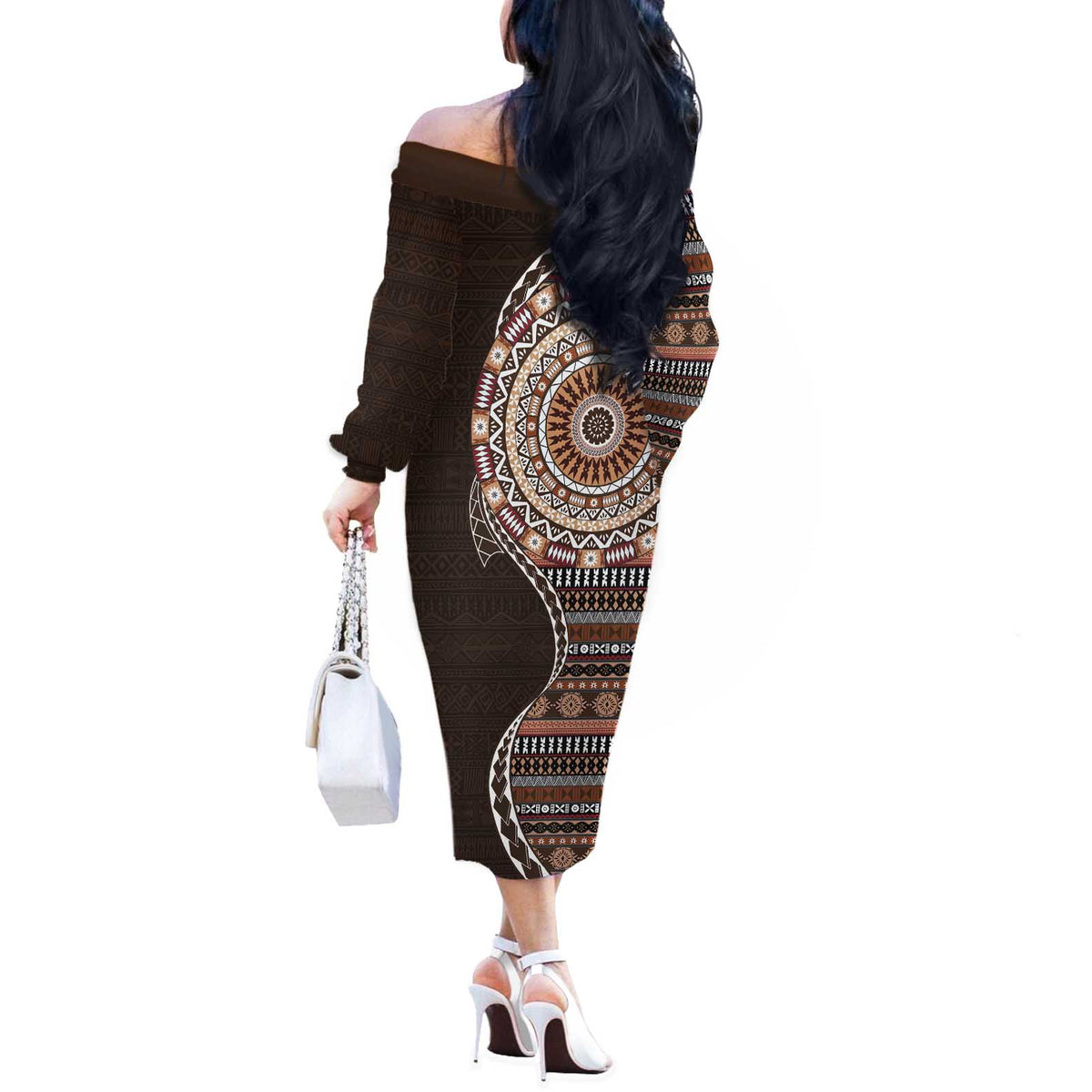 Fijian Masi Tribal Tattoos Art Pattern Off The Shoulder Long Sleeve Dress Brown Color Half Style - Polynesian Pride