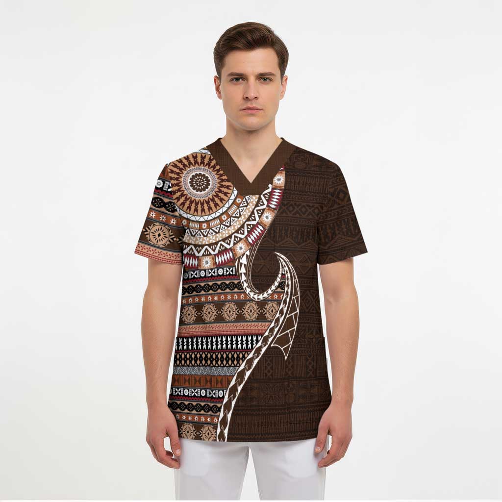 Fijian Masi Tribal Tattoos Art Pattern Scrub Top Brown Color Half Style - Polynesian Pride