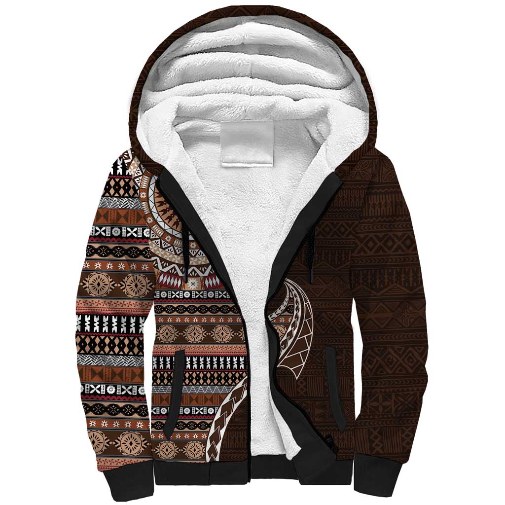 Fijian Masi Tribal Tattoos Art Pattern Sherpa Hoodie Brown Color Half Style - Polynesian Pride
