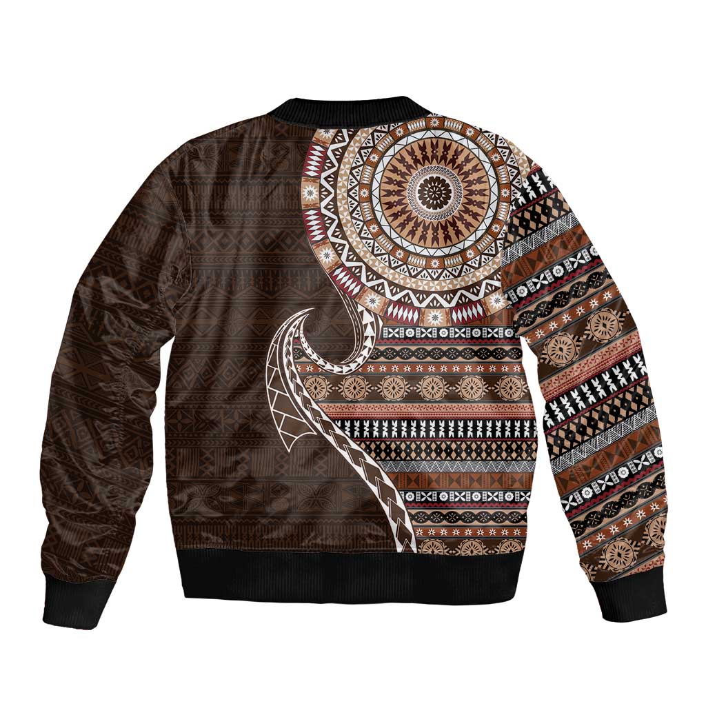 Fijian Masi Tribal Tattoos Art Pattern Sleeve Zip Bomber Jacket Brown Color Half Style - Polynesian Pride