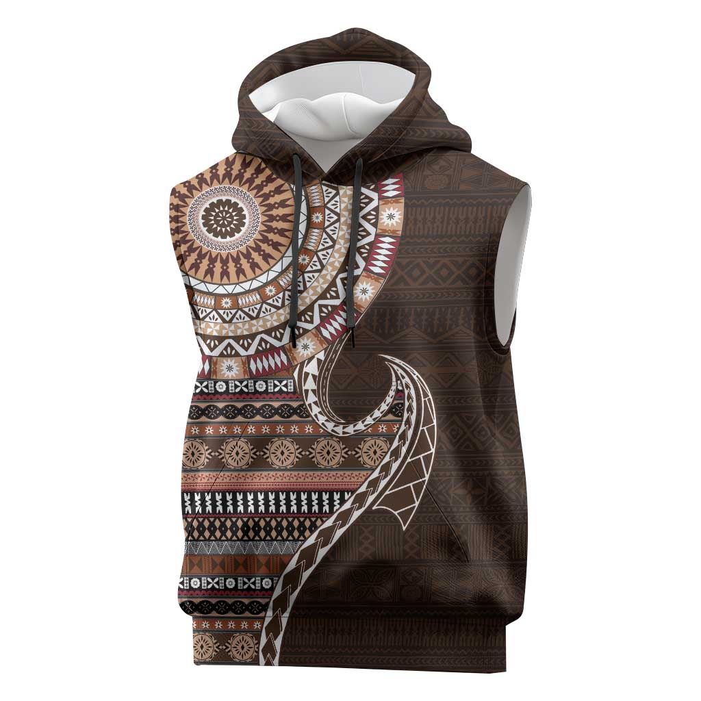 Fijian Masi Tribal Tattoos Art Pattern Sleeveless Hoodie Brown Color Half Style - Polynesian Pride