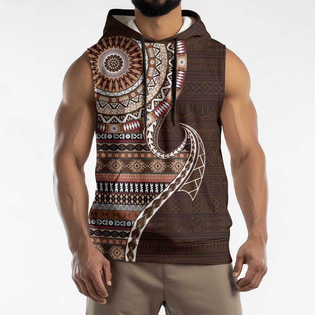 Fijian Masi Tribal Tattoos Art Pattern Sleeveless Hoodie Brown Color Half Style - Polynesian Pride