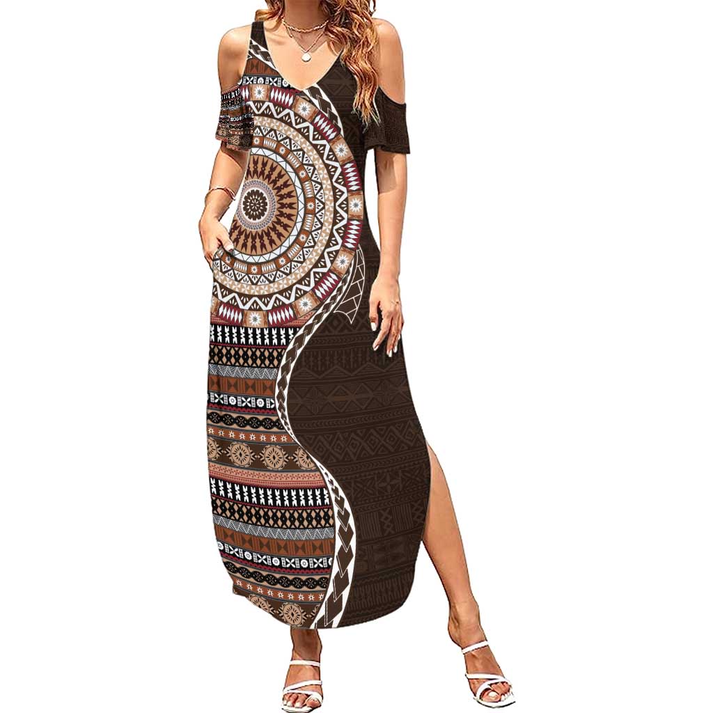 Fijian Masi Tribal Tattoos Art Pattern Summer Maxi Dress Brown Color Half Style - Polynesian Pride
