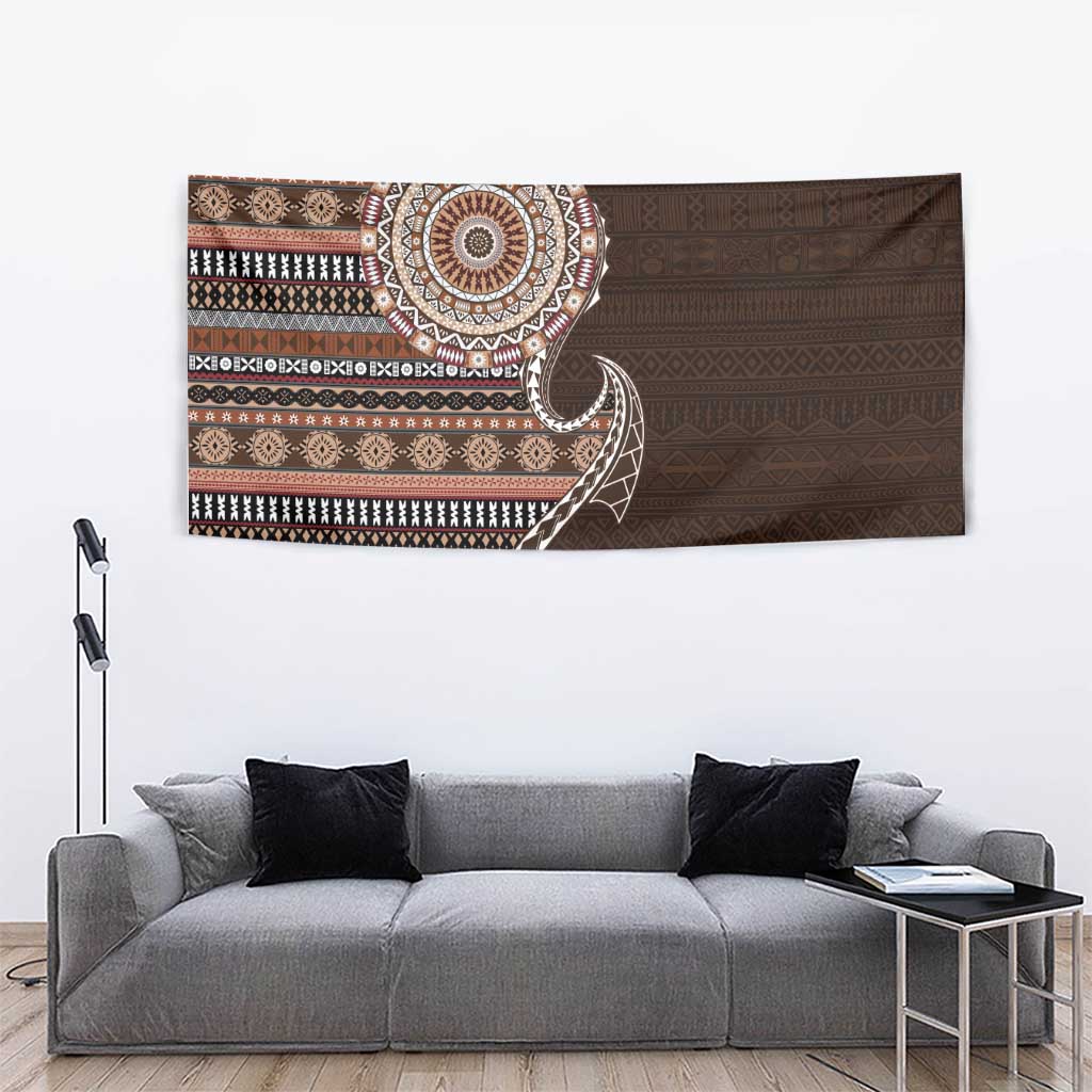 Fijian Masi Tribal Tattoos Art Pattern Tapestry Brown Color Half Style - Polynesian Pride