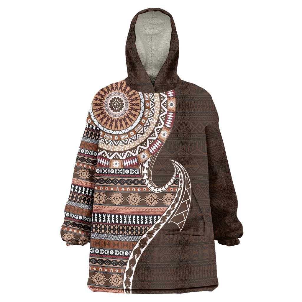 Fijian Masi Tribal Tattoos Art Pattern Wearable Blanket Hoodie Brown Color Half Style - Polynesian Pride