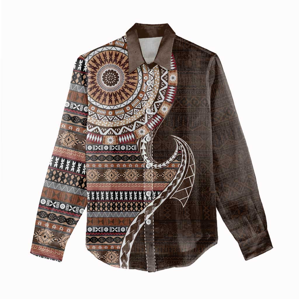 Fijian Masi Tribal Tattoos Art Pattern Women Casual Shirt Brown Color Half Style - Polynesian Pride