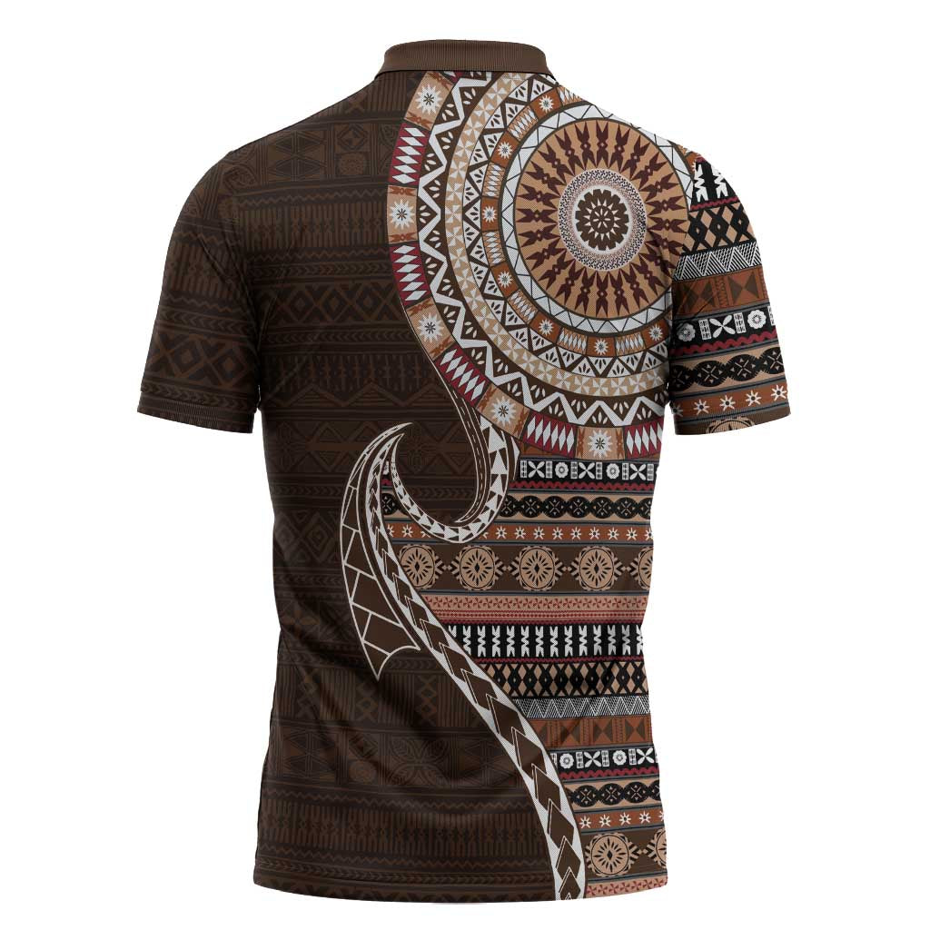 Fijian Masi Tribal Tattoos Art Pattern Zipper Polo Shirt Brown Color Half Style - Polynesian Pride