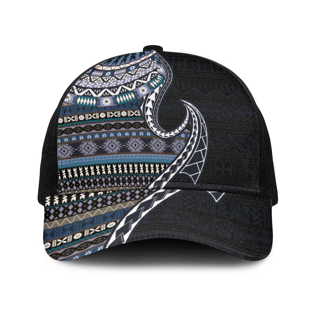 Fijian Masi Tribal Tattoos Art Pattern Baseball Net Cap Navy Color Half Style - Polynesian Pride