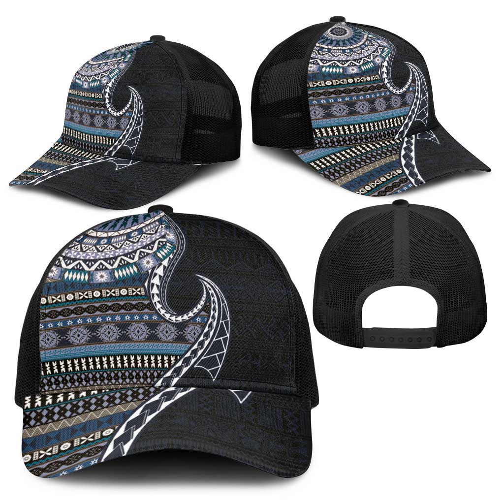 Fijian Masi Tribal Tattoos Art Pattern Baseball Net Cap Navy Color Half Style - Polynesian Pride