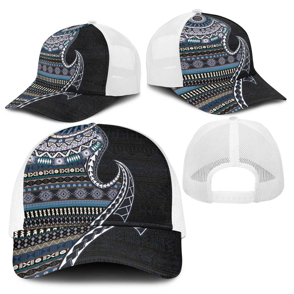 Fijian Masi Tribal Tattoos Art Pattern Baseball Net Cap Navy Color Half Style - Polynesian Pride