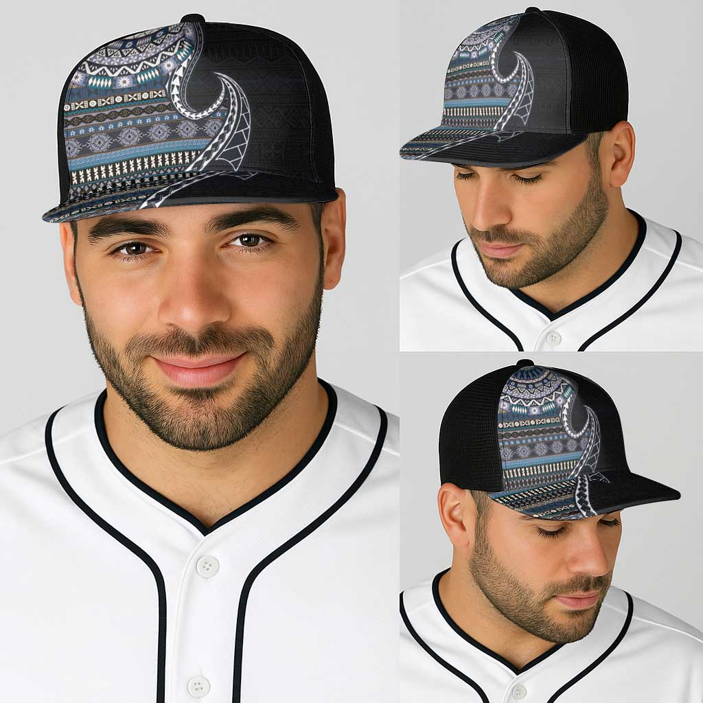 Fijian Masi Tribal Tattoos Art Pattern Baseball Net Cap Navy Color Half Style - Polynesian Pride